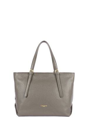 Borsa tote in pelle grigia con doppi manici superiori, finitura testurizzata, dettagli in metallo dorato e un logo discreto sul frontale.