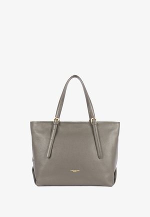 Borsa tote in pelle grigia con doppi manici superiori, finitura testurizzata, dettagli in metallo dorato e un logo discreto sul frontale.