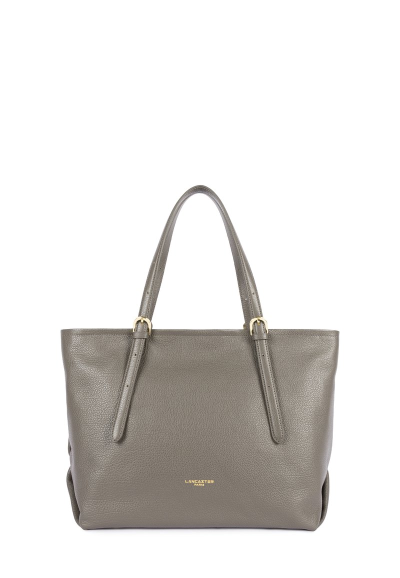 Borsa tote in pelle grigia con doppi manici superiori, finitura testurizzata, dettagli in metallo dorato e un logo discreto sul frontale.