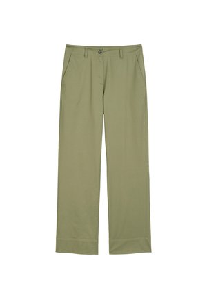 Olive green wide-leg pants made of smooth fabric, featuring front pockets, a button closure, and a clean, simple design.
