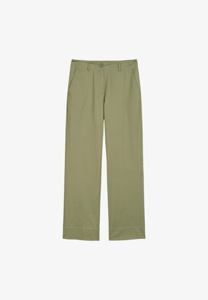 Olivegrüne weit geschnittene Hose aus glattem Stoff, mit vorderen Taschen, einem Knopfverschluss und einem klaren, einfachen Design.