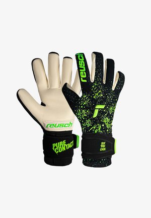 Gants de gardien avec un design éclaboussé noir et vert fluo, présentant une paume blanche, des sangles ajustables au poignet et un branding distinctif.
