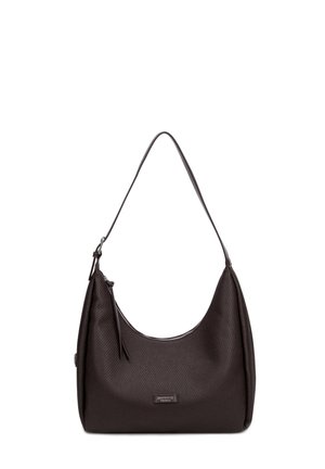 Borsa a tracolla nera con texture, con una tracolla singola e chiusura con cerniera, con una piccola etichetta rettangolare del marchio sul davanti.