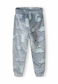Pantalons de jogging en polaire avec un fond gris et des motifs de dinosaures bleu clair. Caractéristiques d'une taille élastique et d'un design de jambes fuselées.