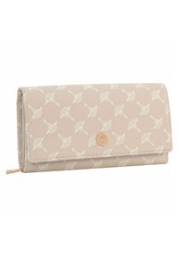 Portafoglio beige realizzato in materiale testurizzato, caratterizzato da un sottile motivo di foglie bianche, una chiusura a scatto in tono oro e un compartimento con zip.