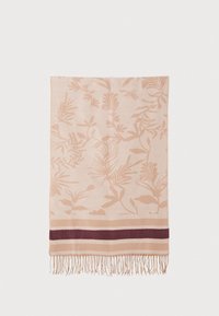 Woven blanket in pale pink with floral patterns in a slightly darker shade, featuring a maroon stripe at the bottom and fringed edges.