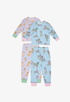 Deux ensembles de pyjamas à manches longues pour enfants, l'un bleu clair avec des motifs de chiens dalmatiens, l'autre lavande avec des motifs de chiens golden retriever et des poignets aux tons pastel.