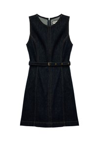 Robe sans manches en denim foncé avec une coupe ajust�ée, dotée d'une taille ceinturée et de surpiqûres contrastées visibles le long des coutures. Fermeture éclaire au dos.