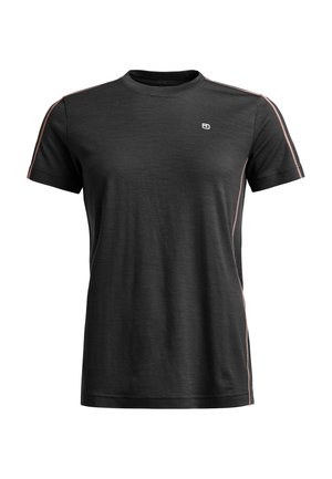 Black short-sleeve t-shirt with a crew neck, featuring subtle pink side stripes and a small logo on the chest. Soft texture, casual fit.