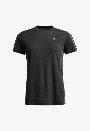 Black short-sleeve t-shirt with a crew neck, featuring subtle pink side stripes and a small logo on the chest. Soft texture, casual fit.