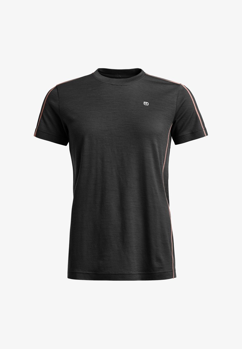 Black short-sleeve t-shirt with a crew neck, featuring subtle pink side stripes and a small logo on the chest. Soft texture, casual fit.