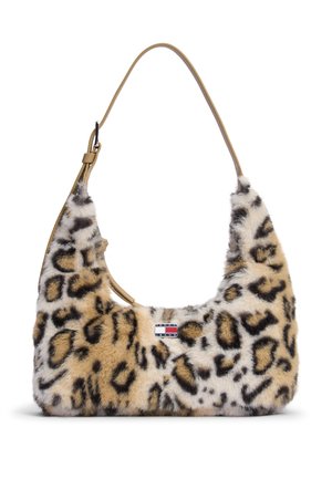 Sac bandoulière en fausse fourrure imprimé léopard avec une sangle réglable couleur beige, avec un petit patch à logo Tommy Jeans au centre avant.