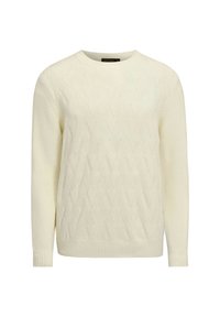 Maglione color crema con collo rotondo, caratterizzato da un motivo a rombi testurizzati e con orlo e polsini a costine. Realizzato in tessuto morbido.