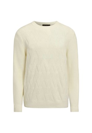 Maglione color crema con collo rotondo, caratterizzato da un motivo a rombi testurizzati e con orlo e polsini a costine. Realizzato in tessuto morbido.