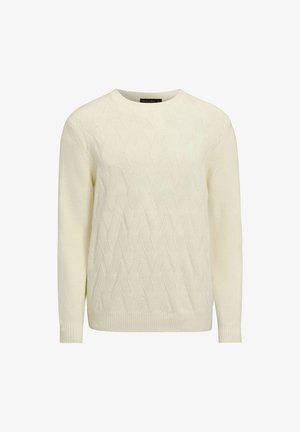 Crème-kleurige trui met een ronde hals, voorzien van een gestructureerd ruitpatroon en geribbelde zoom en manchetten. Gemaakt van zachte stof.