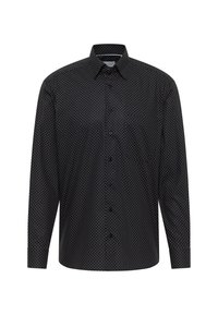 Schwarzes Hemd mit durchgehender Knopfleiste, das ein kleines weißes Pünktchenmuster aufweist. Lange Ärmel, klassischer Kragen und Knopfleiste an der Vorderseite. Weiche Textur.