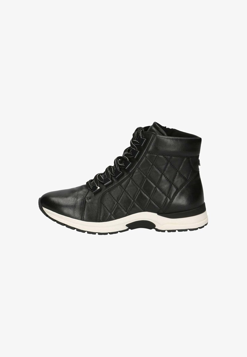 Mustad muste kõrged sneakers tekstureeritud nahast koos tikandiga disainiga. Omab kontrastseid paelu, valget tallat ja ümarat varvast.