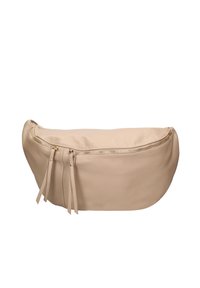 Borsa in pelle beige con forma curva, chiusura superiore con zip e nappine decorative. Texture liscia e design minimalista.