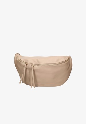 Borsa in pelle beige con forma curva, chiusura superiore con zip e nappine decorative. Texture liscia e design minimalista.