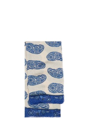 Bawełniany szalik z niebieskim wzorem paisley na kremowym tle, z niebieską ozdobną bordiurą na końcach i frędzlami na krawędziach.