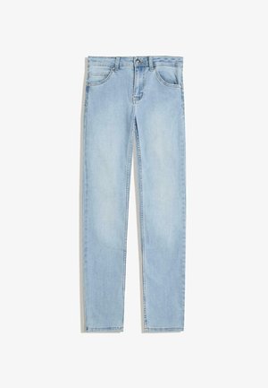 Lichtblauwe denim jeans met rechte pijpen, vijf zakken, stiksels accenten en knoopsluiting. Enige vervaging aan de voorkant.