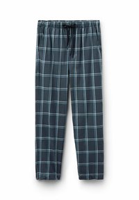 Męskie piżamowe spodnie w kratę w ciemnoniebieskim kolorze, z wzorem w kratkę i jasnoniebieskimi liniami, z elastycznym pasem i szczegółem w postaci sznurka.