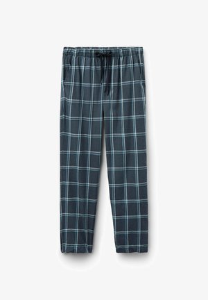 Pantalones de pijama de cuadros para hombre en azul oscuro, con un diseño a cuadros que incluye líneas azul claro, cinturilla elástica y detalle de cordón.