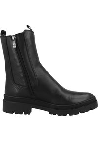 Botín negro de cuero hasta el tobillo con una textura suave, cierre con cremallera lateral, suela de goma resistente y una forma de punta ligeramente redondeada.