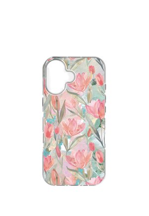 Klare Handyhülle mit rosa Tulpenblumenmuster und grünen Blättern auf pastelligem Aquarellhintergrund.