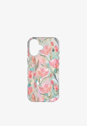 Průhledný obal na telefon s růžovým tulipánovým květinovým vzorem a zelenými listy na pastelovém akvarelovém pozadí.