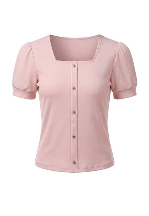 Light pink short-sleeve ribbed blouse with a square neckline, puffed sleeves, and brown buttons down the front.
