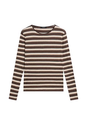 Koszulka z długim rękawem i okrągłym dekoltem w poziome paski w kolorach brązowym, beżowym i kremowym.