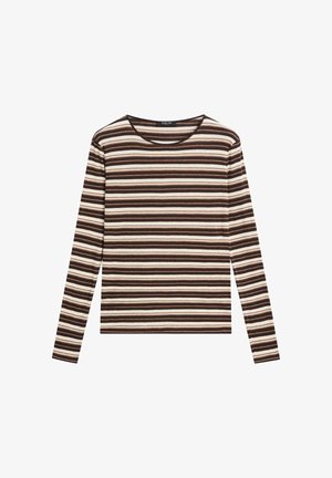 Langärmliges Rundhalsshirt mit horizontalen Streifen in Braun, Beige und Cremefarben.