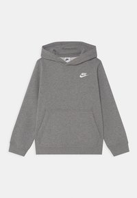 Sudadera gris hecha de tejido suave, con mangas largas, un bolsillo frontal y un logo blanco de Nike en el área del pecho izquierdo.