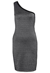 En axelbandlös metallisk svart klänning med smal passform, tillverkad av strukturerad tyg, med en slät yta och kontrasterande svart kant vid halsringningen.