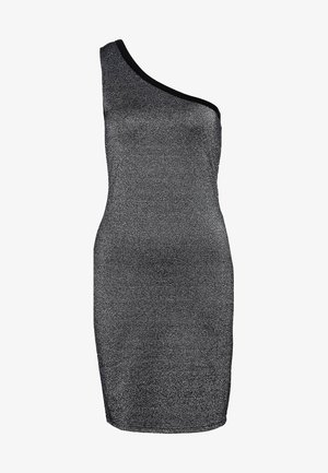 Sølvskulder metallisk sort kjole med en tætsiddende pasform, lavet af struktureret stof, med en glat overflade og kontrasterende sort kant ved halsudskæringen.