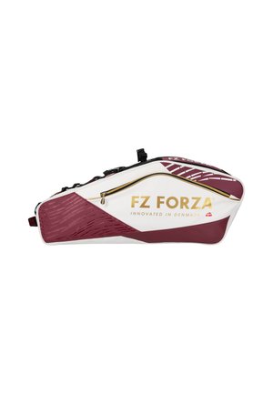 Hvid og vinrød FZ Forza sportstaske med gyldent lynlås og logo, designet til at bære badminton- eller tennisudstyr.