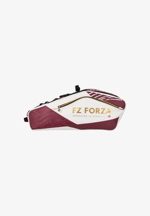 Hvid og vinrød FZ Forza sportstaske med gyldent lynlås og logo, designet til at bære badminton- eller tennisudstyr.