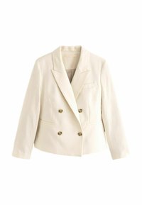 Crème dubbelzijdige blazer van textured stof. Voorzien van een afgeknipte kraag, twee voorzakken en goudkleurige knopen.