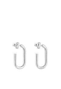Orecchini a cerchio in argento con design a forma di U, caratterizzati da superfici lisce e una finitura lucida. Comprendono un perno sul retro per una vestibilità sicura.