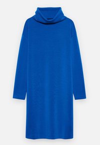 Robe bleue à manches longues avec un col haut drapé, fabriquée en tissu doux. Présente une coupe décontractée et un ourlet droit, avec des fentes sur les côtés en bas.