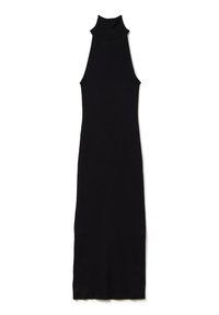 Robe sans manches en tricot côtelé noir avec un col montant haut et une silhouette ajustée. Texture lisse, design longueur genou.