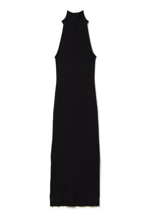 Schwarzes geripptes, ärmelloses Strickkleid mit hohem Stehkragen und taillierter Silhouette. Glatte Textur, knielanges Design.