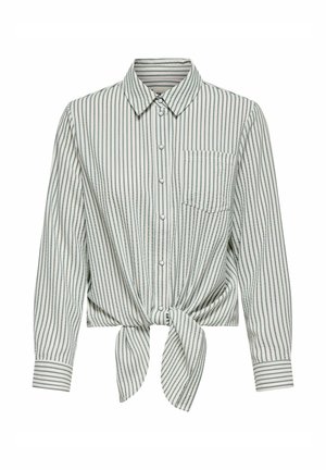 Gestreiftes Hemd zum Knöpfen in Hellgrün und Weiß, mit langen Ärmeln, einem Bindeband in der Taille und einer Brusttasche. Glatte Stofftextur.
