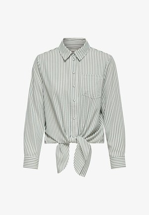 Chemise à rayures boutonnée en vert clair et blanc, avec manches longues, lien à la taille et poche poitrine. Texture de tissu lisse.