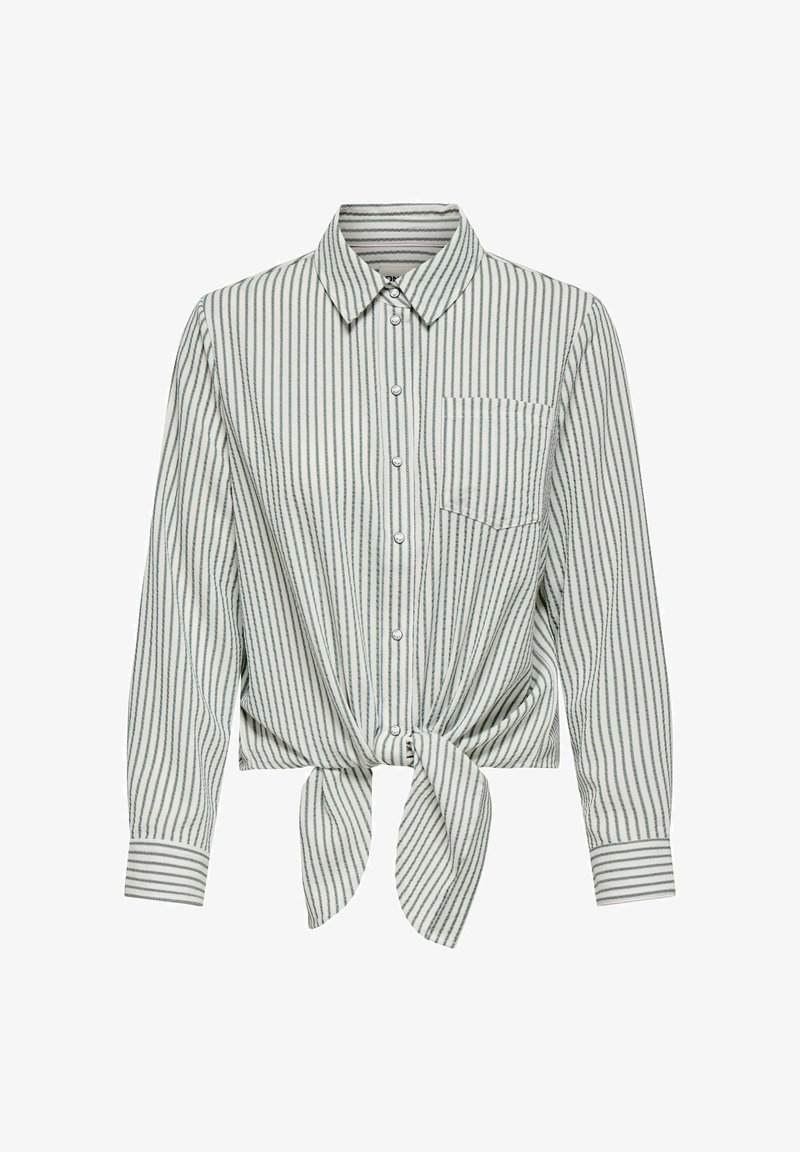 Chemise à rayures boutonnée en vert clair et blanc, avec manches longues, lien à la taille et poche poitrine. Texture de tissu lisse.