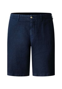 Pantalones cortos azul marino hasta la rodilla con cierre de botón y trabillas para cinturón, fabricados en tela ligera.