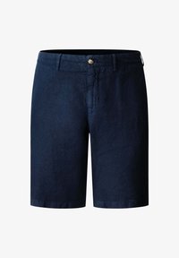 Pantalones cortos azul marino hasta la rodilla con cierre de botón y trabillas para cinturón, fabricados en tela ligera.