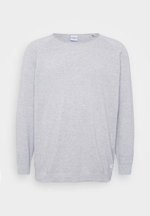 Light gray sweater with long sleeves, round neckline, and textured knit. Features a subtle speckled pattern and a small tag at the hem.