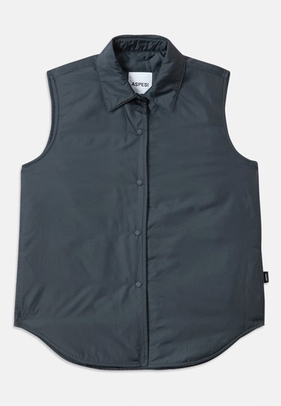 Padded sleeveless vest in dark gray, featuring a collared neckline, front snap fasteners, and a rounded hem with a subtle brand label.